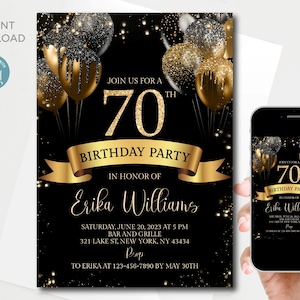 Editable 80th Birthday invitation digital template Eighty Any Age Black Gold Glitter Sparkle Balloons Printable Instant download image 6