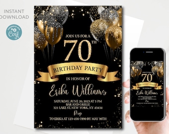 70th Birthday Invitation Template: Black & Gold Balloons (Digital Download)