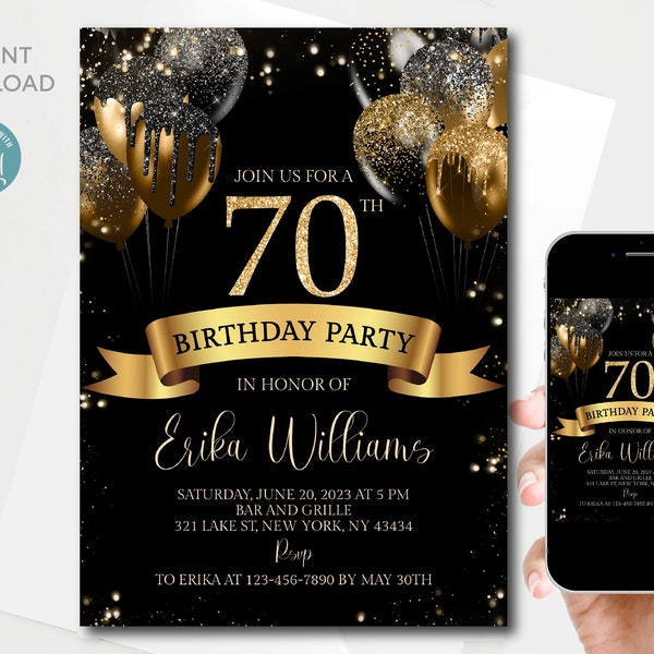 Editable 70th Birthday invitation digital template | Seventy | Any Age | Black Gold Glitter Sparkle Balloons | Printable | Instant download