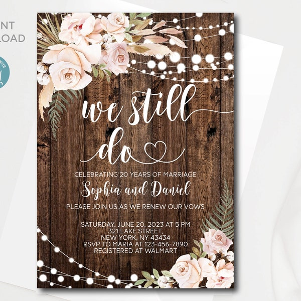 Rustic Vow renewal Invitation Editable template | Boho floral We still do invitation | Casual Party Invitation | Instant Download