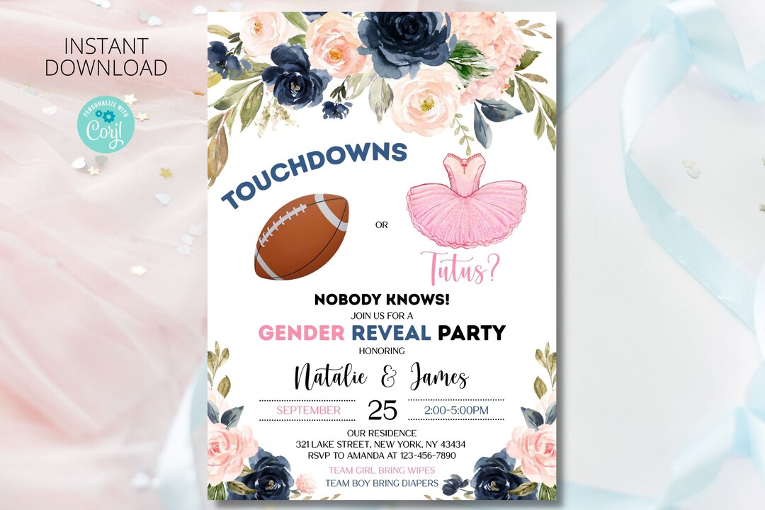 Editable Touchdowns or Tutus Gender Reveal Invitation | Digital Template With Flowers ...
