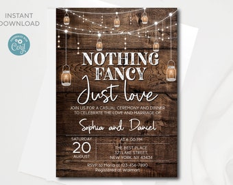 Editable Rustic Nothing Fancy Just Love invitation template | Rustic Mason jar Wedding Reception invitation printable | Instant Download