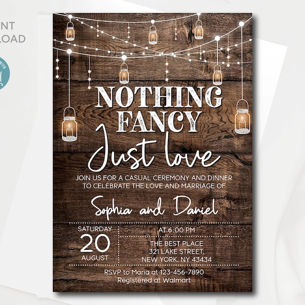 Editable Rustic Nothing Fancy Just Love invitation template | Rustic Mason jar Wedding Reception invitation printable | Instant Download