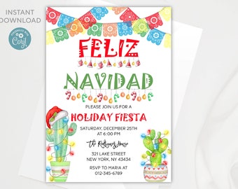 Può includere: Un invito festivo per una festa di Natale "Feliz Navidad". L'invito presenta una fila colorata di bandierine di carta, due cactus con luci natalizie e il testo "Please join us for a Holiday Fiesta" con la data, l'ora e la posizione.