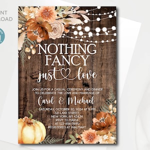 May include: Rustic wedding invitation with fall foliage and string lights. The invitation reads "Nothing Fancy Just Love" and includes the couple's names, date, time, and location.
