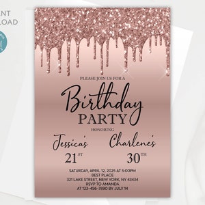 Editable Joint Birthday Invitation: Rose Gold Glitter (Digital Template)