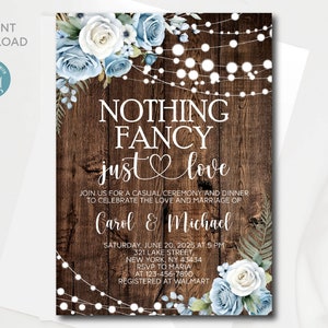 Rustic Nothing Fancy Just Love invitation template with blue flowers, Editable Rustic Wedding Reception invitation, Instant Download