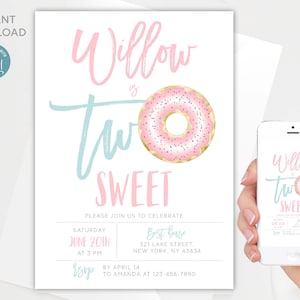 Two sweet donut | Editable 2nd Birthday Invitation template | Birthday Invitation for girl | All text is editable | Instant download