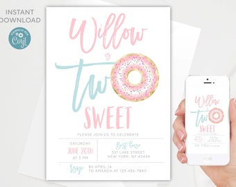 Convite de 2º Aniversário com Rosquinhas: Modelo Editável para Festa de Meninas (Download Digital)