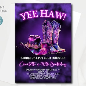Bearbeitbare Western Cowgirl Lila Neon Geburtstagseinladung | Neon 40. Geburtstag Einladungsvorlage | Für jedes Alter | Sofortiger Download