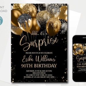 Surprise 90th Birthday invitation digital | Editable Template | Any Age | Black Gold Glitter Sparkle Balloons | Printable | Instant Download