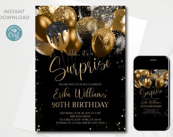 Surprise 90th Birthday Invitation: Black & Gold Balloons (Digital Download)