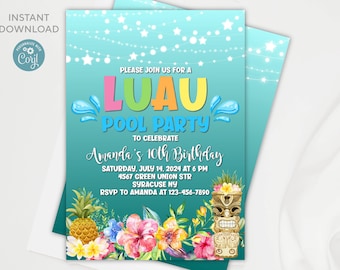 Editable Luau Pool Party Birthday Invitation Template (Digital Download)