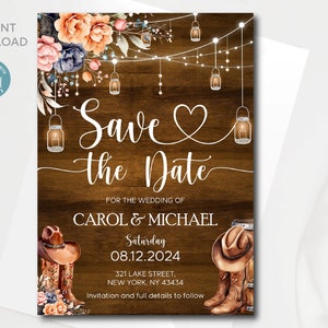 Bearbeitbare Western Save the Date-Einladungsvorlage, rustikale Cowboy- und Cowgirleinladung, sofortiger Download