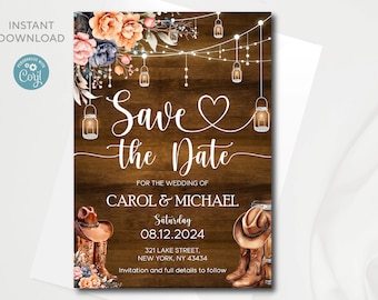 May include: Rustic save the date card with a woodgrain background, floral accents, and string lights. The text reads "Save the Date" with a heart and "For the wedding of Carol & Michael" followed by the date "Saturday 08.12.2024" and the address "321 Lake Street, New York, NY 43434". The card also features a pair of cowboy boots with hats.
