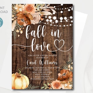 Fall in Love Bridal Shower invitation Editable template with pumpkin and fall flowers