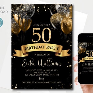 Editable 50th Birthday invitation digital template | Fifty | Any Age | Black Gold Glitter Sparkle Balloons | Printable | Instant download