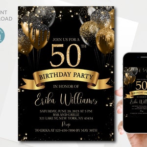 50th Birthday invitation, Black Gold Glitter Sparkle Balloons, black background, gold ribbon.