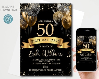 Bearbeitbare digitale Vorlage für die Einladung zum 50 Fünfzig | Jedes Alter | Schwarz Gold Glitter Sparkle Luftballons | Druckbar | Sofortiger Download