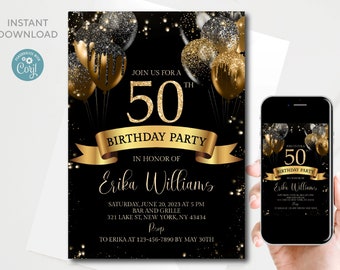 May include: Black and gold 50th birthday party invitation with balloons and text. The invitation includes the text "Join us for a 50th Birthday Party" and the name "Erika Williams". A smartphone displays the same design.