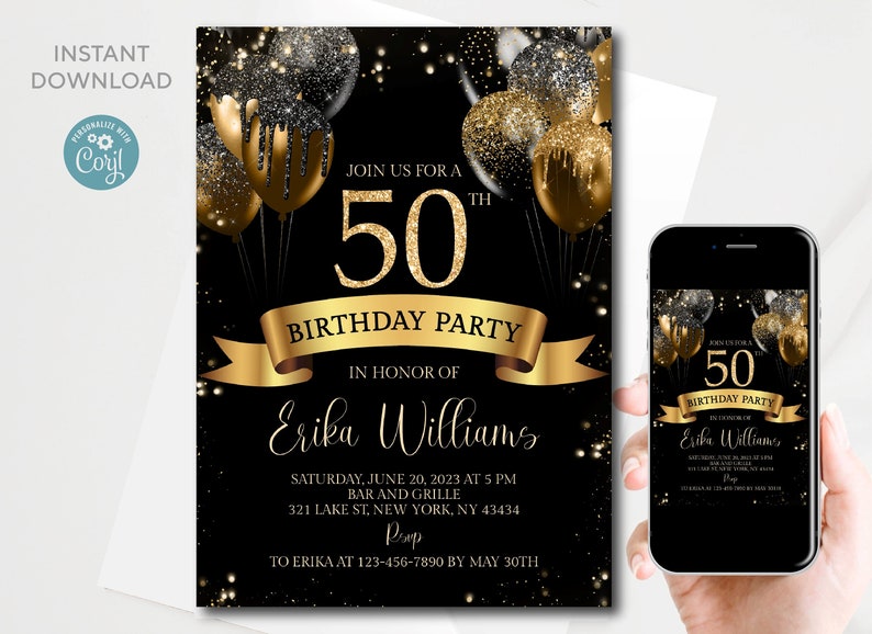 50th Birthday invitation, Black Gold Glitter Sparkle Balloons, black background, gold ribbon.