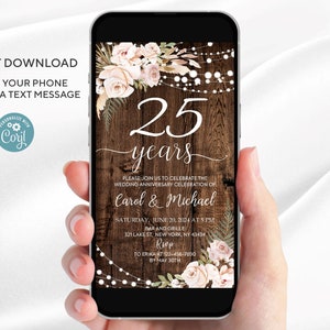 Plantilla de invitación electrónica editable para el 25.º aniversario de bodas con flores y luces de cadena para cualquier teléfono inteligente