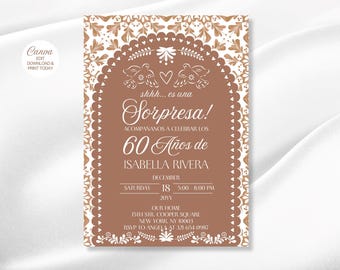 Terracotta Spanish Surprise 60th Birthday Invitation: Editable Cielito Lindo Template (Canva, Instant Download)