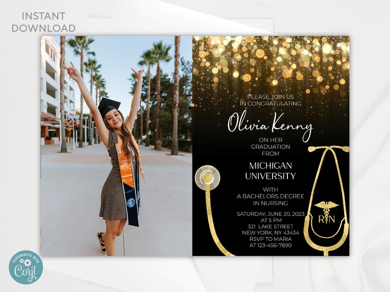 Nursing Graduation Invitation Template With Photo Online Etsy