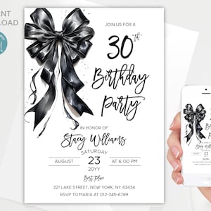 Black Bow 30th Birthday Invitation Template (Digital Download)