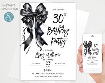 Black Bow 30th Birthday Invitation Template (Digital Download)