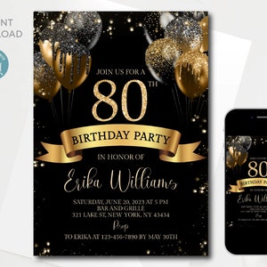 Editable 80th Birthday invitation digital template | Eighty | Any Age | Black Gold Glitter Sparkle Balloons | Printable | Instant download