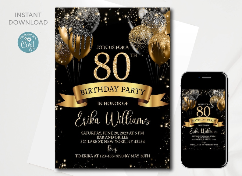 Editable 80th Birthday invitation digital template Eighty Any Age Black Gold Glitter Sparkle Balloons Printable Instant download image 1