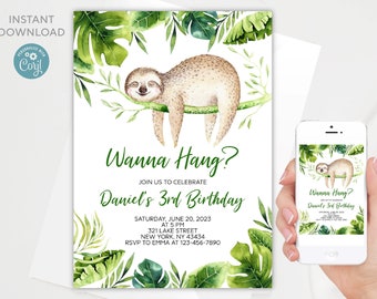 Może przedstawiać: Zielone i białe zaproszenie na urodziny z leniwcem wiszącym na gałęzi. Zaproszenie zawiera napis "Wanna Hang?" i "Daniel's 3rd Birthday".