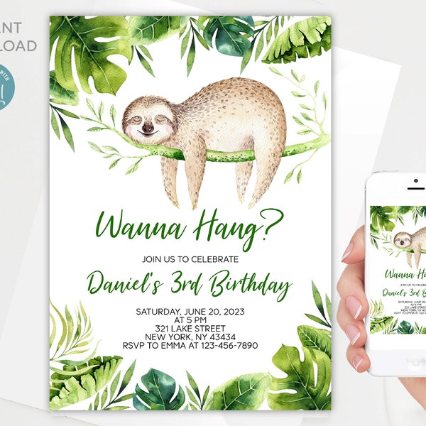 Editable Sloth Birthday Invitation | Tropical Birthday Invitation | Еditable template | Any Age | All text is editable | Printable