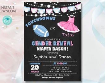 Modifiable Touchdowns ou Tutus Gender Reveal Baby shower modèle d'invitation avec couches et guirlandes lumineuses