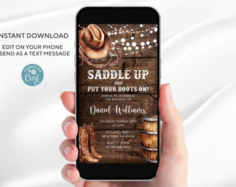 Electronic Western Birthday invitation | Editable Rustic Editable Template for man | Saddle up and put your boots on | Instant download