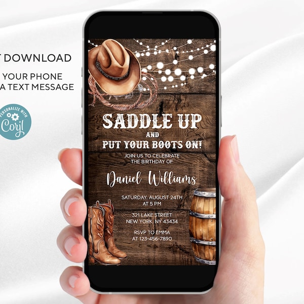 Electronic Western Birthday invitation | Editable Rustic Editable Template for man | Saddle up and put your boots on | Instant download