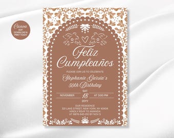 Terracotta Birthday Invitation: Mexican Papel Picado Design (Canva Editable Digital Download)