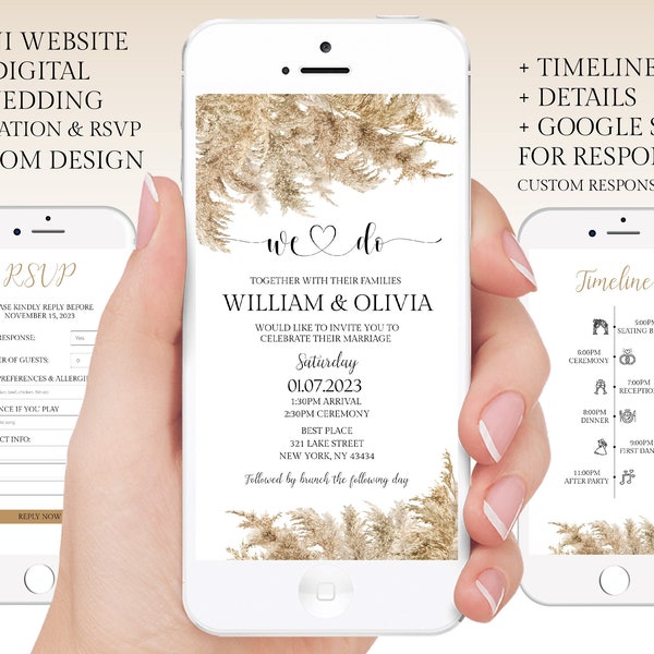 Personalized Wedding invitation with online rsvp | Wedding invitations pampas grass | Online RSVP | Details | Timeline | Sheet for responses