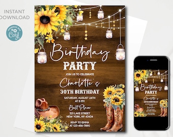 Editable Southwestern 30th Birthday invitation | Rustic Cowgirl Digital template with sunflowers | Instant download