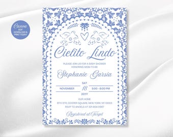 Dusty Blue Cielito Lindo Baby Shower Invitation: Papel Picado (Canva Editable, Digital Download)