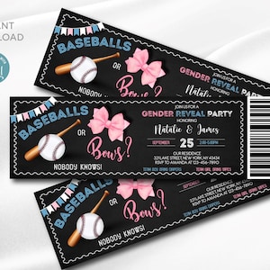 Baseballs oder Bögen Gender Reveal Ticket Einladung | Digitale Vorlage | Baseball oder Bögen Einladung | Blau oder Pink | Bearbeitbar Druckbar