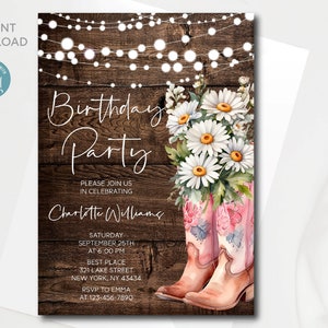 Convite ocidental do aniversário da vaqueira de <br> Entrega Rápida? Modelo digital editável com margaridas | O aniversário rústico do país convida | Download instantâneo