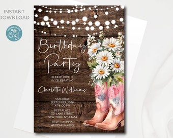 Cowgirl Birthday Invitation: Rustic Daisies, Editable Template (Digital Download)
