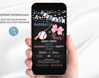 Baseballs or Bows Gender Reveal Invitation: Editable Text Message Invite (Digital)