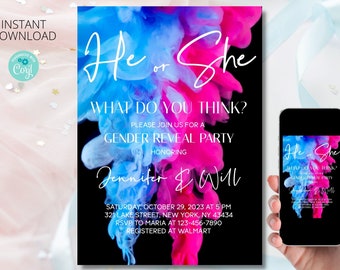 Inbjudan till könsavslöjande för han eller hon: Redigerbar mall för babyshower (digital nedladdning)