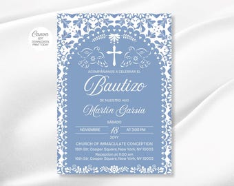 Papel Picado Baptism Invitation: Mexican Bautizo Invite (Canva Editable, Dusty Blue template)