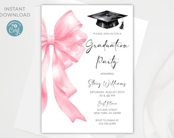 Pink Bow Graduation Party Invitation: Editable Template (Digital Download)
