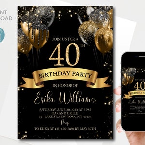 Editable 80th Birthday invitation digital template Eighty Any Age Black Gold Glitter Sparkle Balloons Printable Instant download image 3