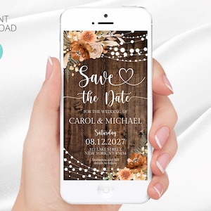 May include: A smartphone displays a rustic wedding invitation. The design features floral accents, string lights, and the text "Save the Date" for Carol & Michael, with the date 08.12.2027 and a New York address.